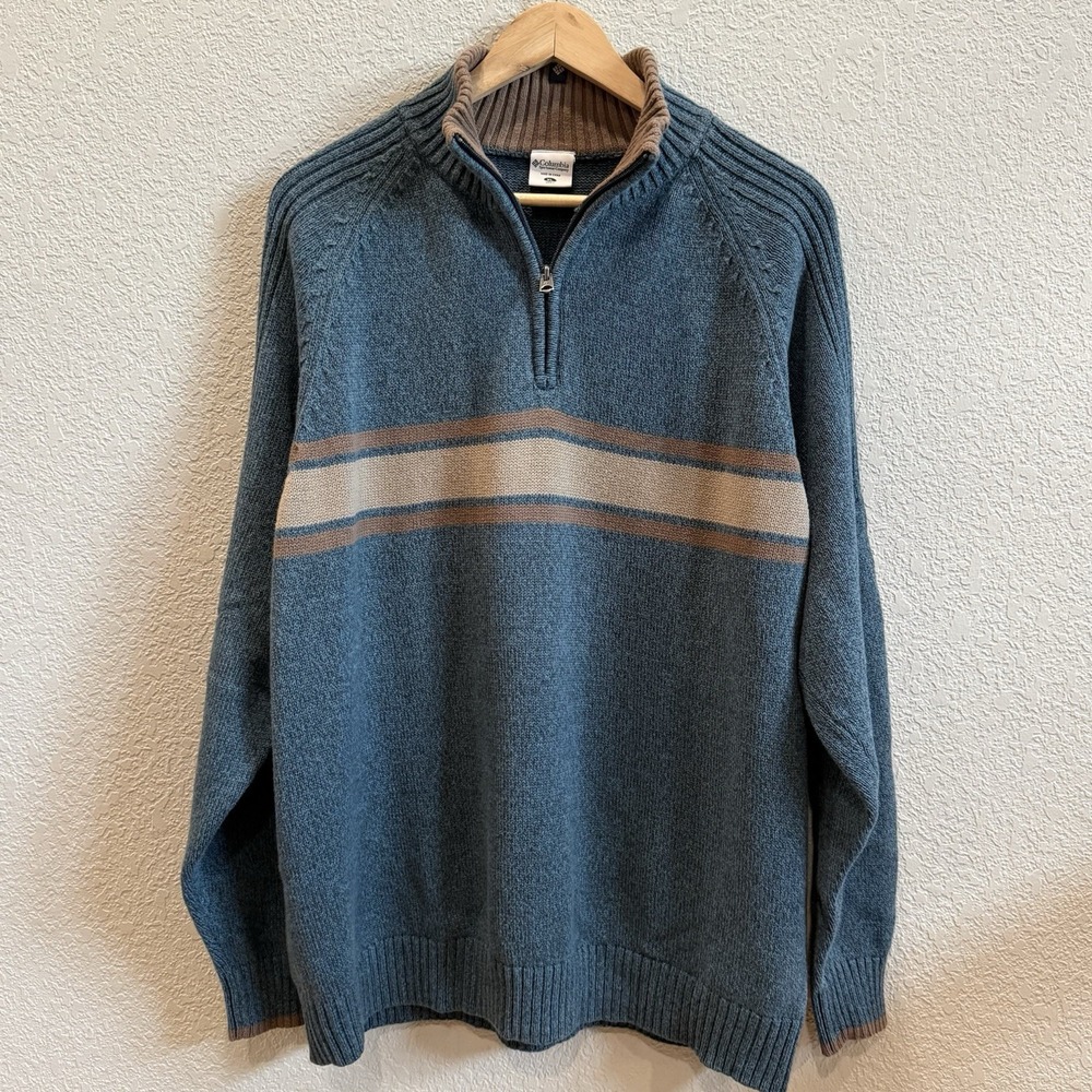 Columbia Men's Quarter 1/4 Zip Pullover Sweater XL Stripe 100% Cotton EUC